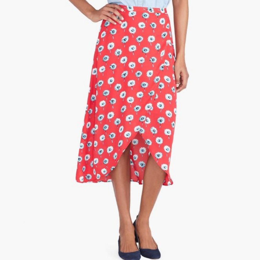 J. Crew Factory Red Printed Faux-Wrap Midi Skirt